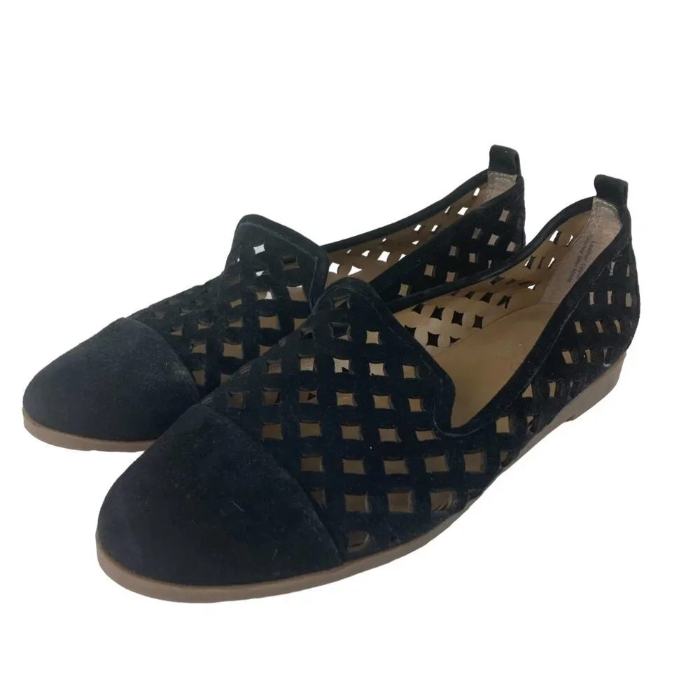 FRANCO SARTO Womens Sz 6 Black Suede Cut Out Slip On Flats‎ Loafers